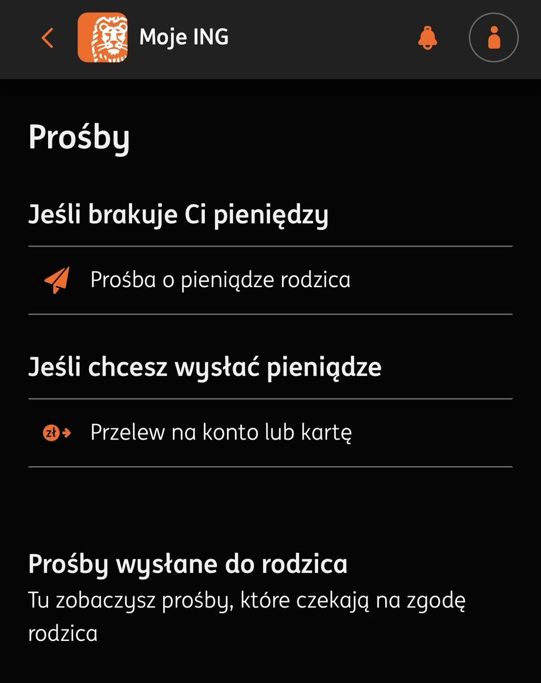 Ekran Prośby w aplikacji dziecka Moje ING: prośba o pieniądze rodzica i przelew na konto