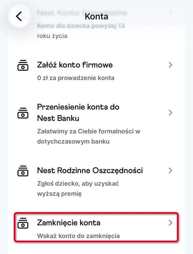 Aplikacja Nest Banku: kafelek Zamknięcie konta