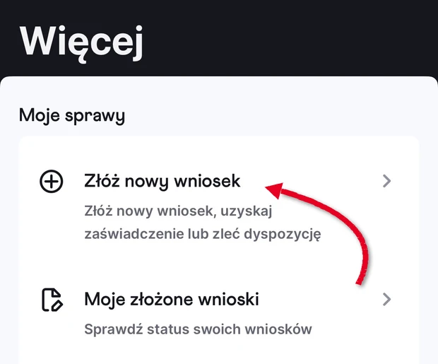 Aplikacja Nest Banku: Więcej, sekcja Moje sprawy, Złóż nowy wniosek