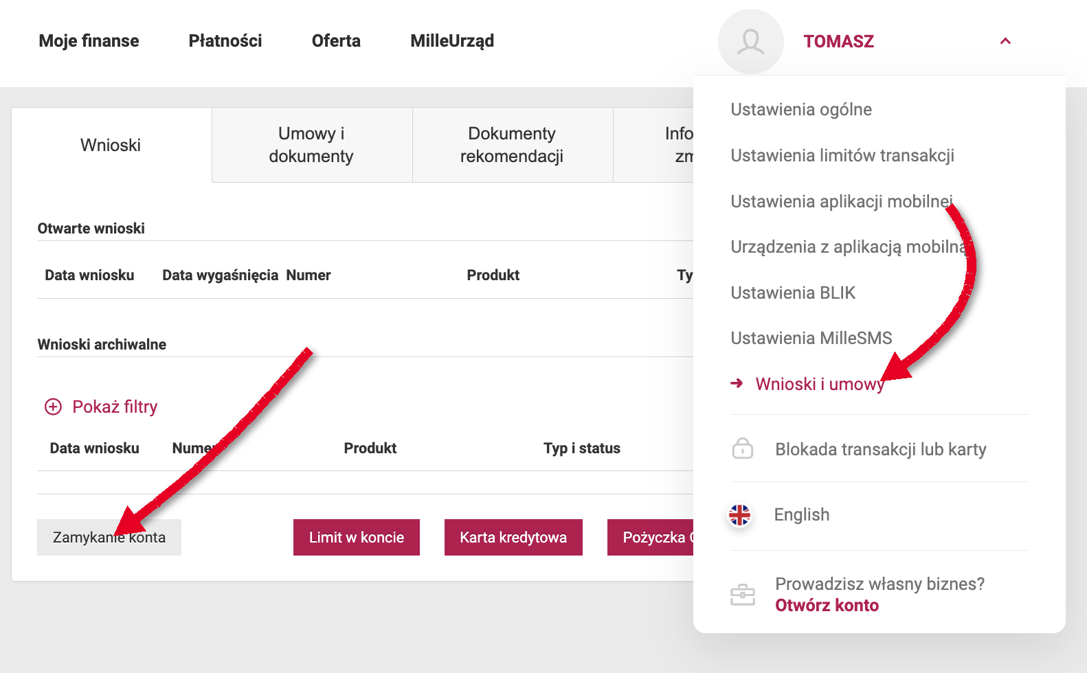 Jak zamknąć konto w Millennium - menu profilu i przycisk Zamykanie konta