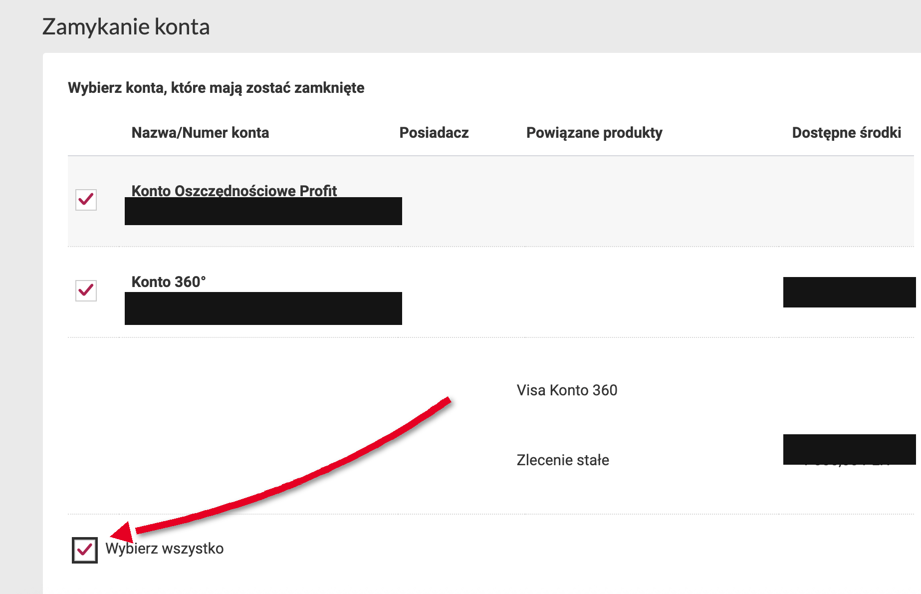 Jak zamknąć konto w Millennium - wybór kont do zamknięcia i opcja Wybierz wszystko
