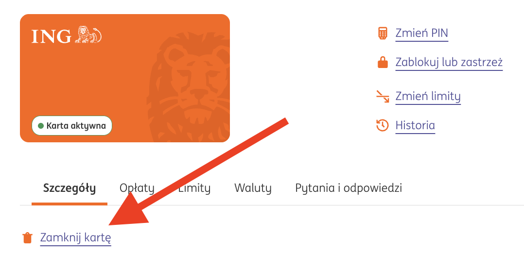 Jak zamknąć kartę do konta w ING - przycisk Zamknij kartę w szczegółach karty