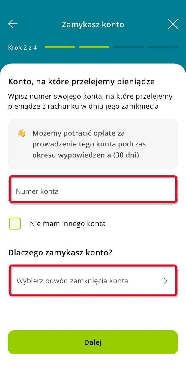 Credit Agricole zamykanie konta krok 2, numer konta do przelewu i powód