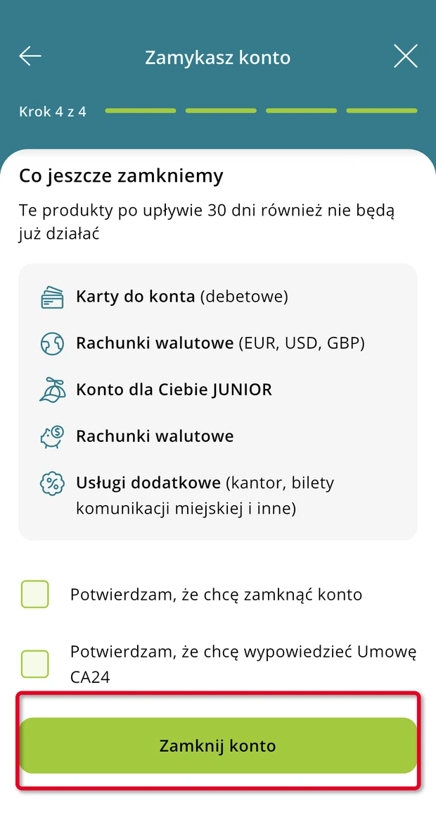 Credit Agricole zamykanie konta krok 4, potwierdzenie i przycisk Zamknij konto