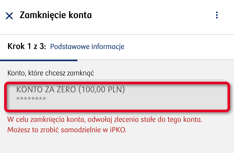 Jak zamknąć konto w PKO BP - kreator zamknięcia, wybór konta