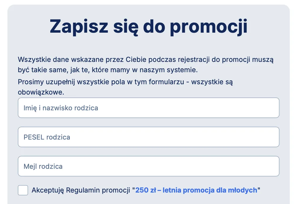 Formularz Zapisz się do promocji - rejestracja do promocji 250 zł na konto dla dziecka w Erste Bank