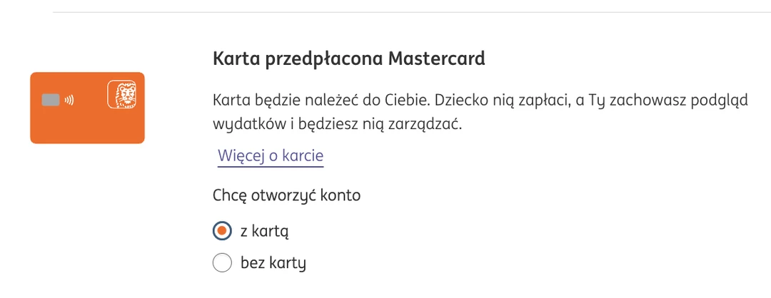Wybór karty przedpłaconej Mastercard we wniosku o konto dziecka w ING