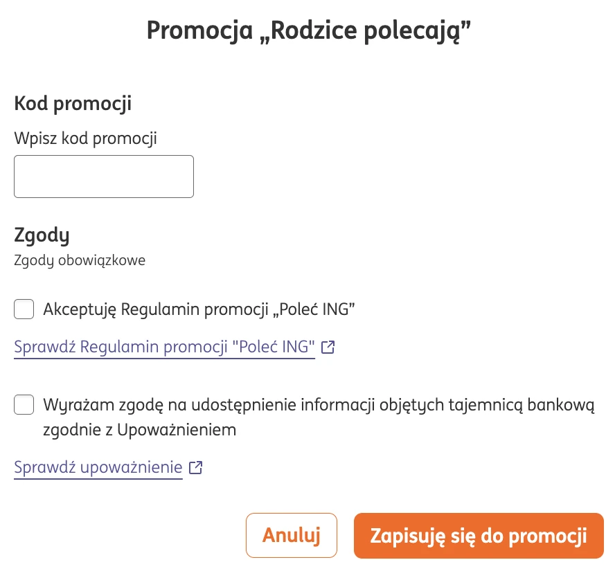 Formularz wpisania kodu polecenia w promocji Rodzice polecają w ING