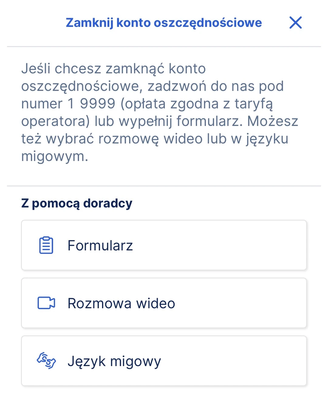zamknięcie konta oszczędnościowego w aplikacji Erste: formularz, rozmowa wideo lub język migowy